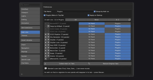 Бесплатный аддон Plugin Hub собирает вкладки плагинов Blender в одну и умеет вернуть всё как было