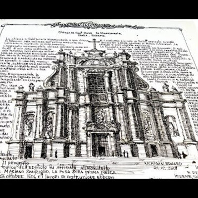 Перо и тушь. Скетчинг. Sant'Anna la Misericordia, Italia, Palermo
