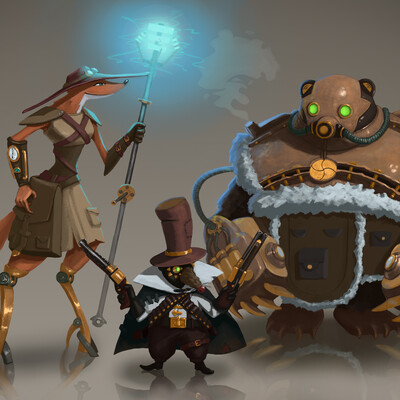 Concept, fox, rat, bear, steampunk style.