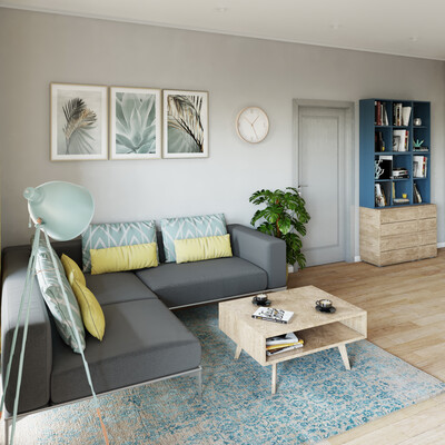 Interior 3D visualization of a living room - kitchen