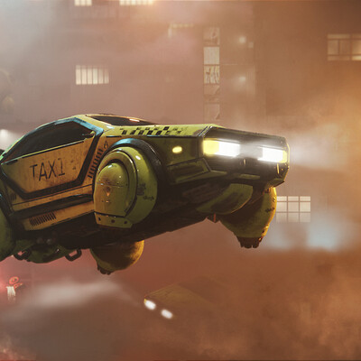 Cyberpunk hovercar taxi