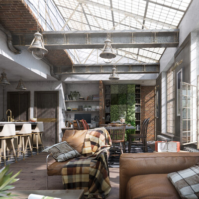 Визуализация квартиры в бывшем здании склада. Visualization of an apartment in a former warehouse building.