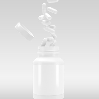 3D White bottle with white pills.