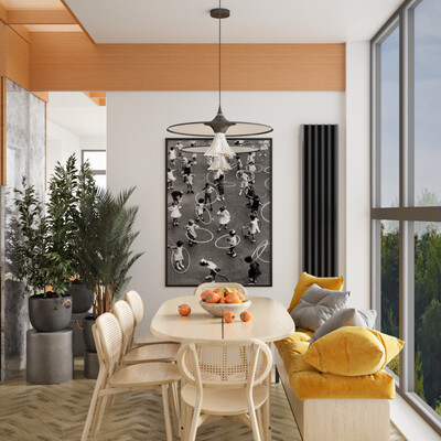 Cozy interior/kitchen, dining and living room