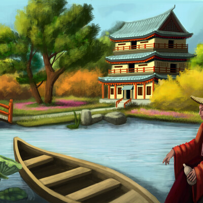 by the water