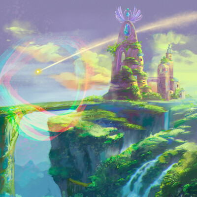Landscapes with a waterfall and a small stone town