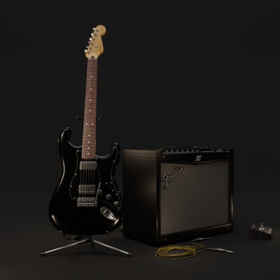Гитара Fender Stratocaster Blacktop HH RW и комбоусилитель Fender Mustang III с аксессуарами
