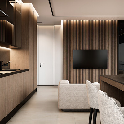 3D-визуализация: Квартира 90 м² в пойме реки Сатис - гостиная