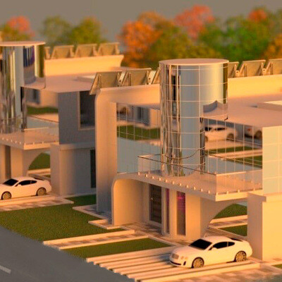 3D-модель современного пригорода у береговой линии