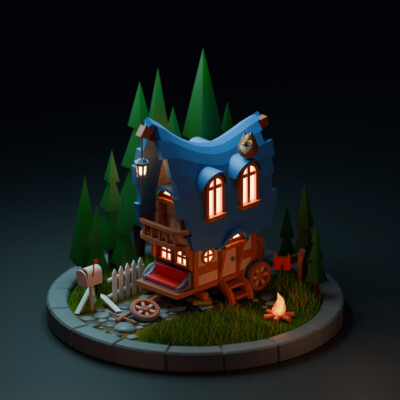 3D сцена с каретой в лесу