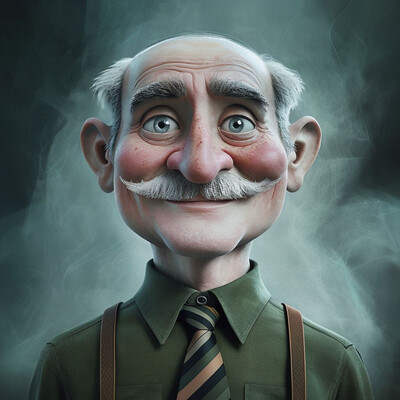A grey-haired, balding grandfather in a green shirt with braces