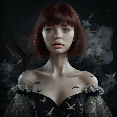 Woman with Birds in Twilight