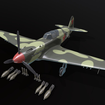 Як-1 1941 года (ранняя серия), с бомбами ФАБ 50 и ФАБ 100, а так же ракетами РС-82
