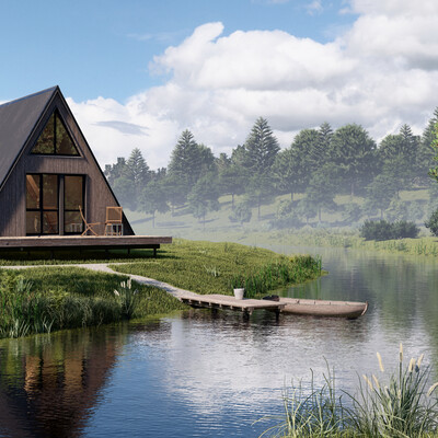 Визуализация экстерьера дома в стиле A-frame