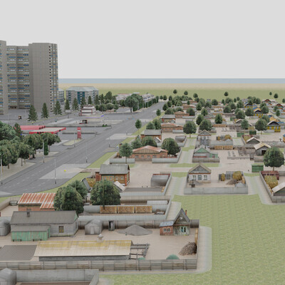 Сельская окраина городской локации. Low-poly окружение для мобильной игры