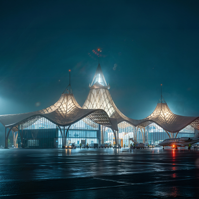 airport, exterior, architecture, archviz, night, Fog