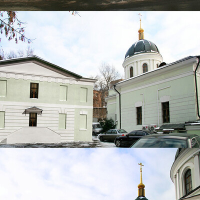 Московская зима, церковь на набережной. фотомонтаж.